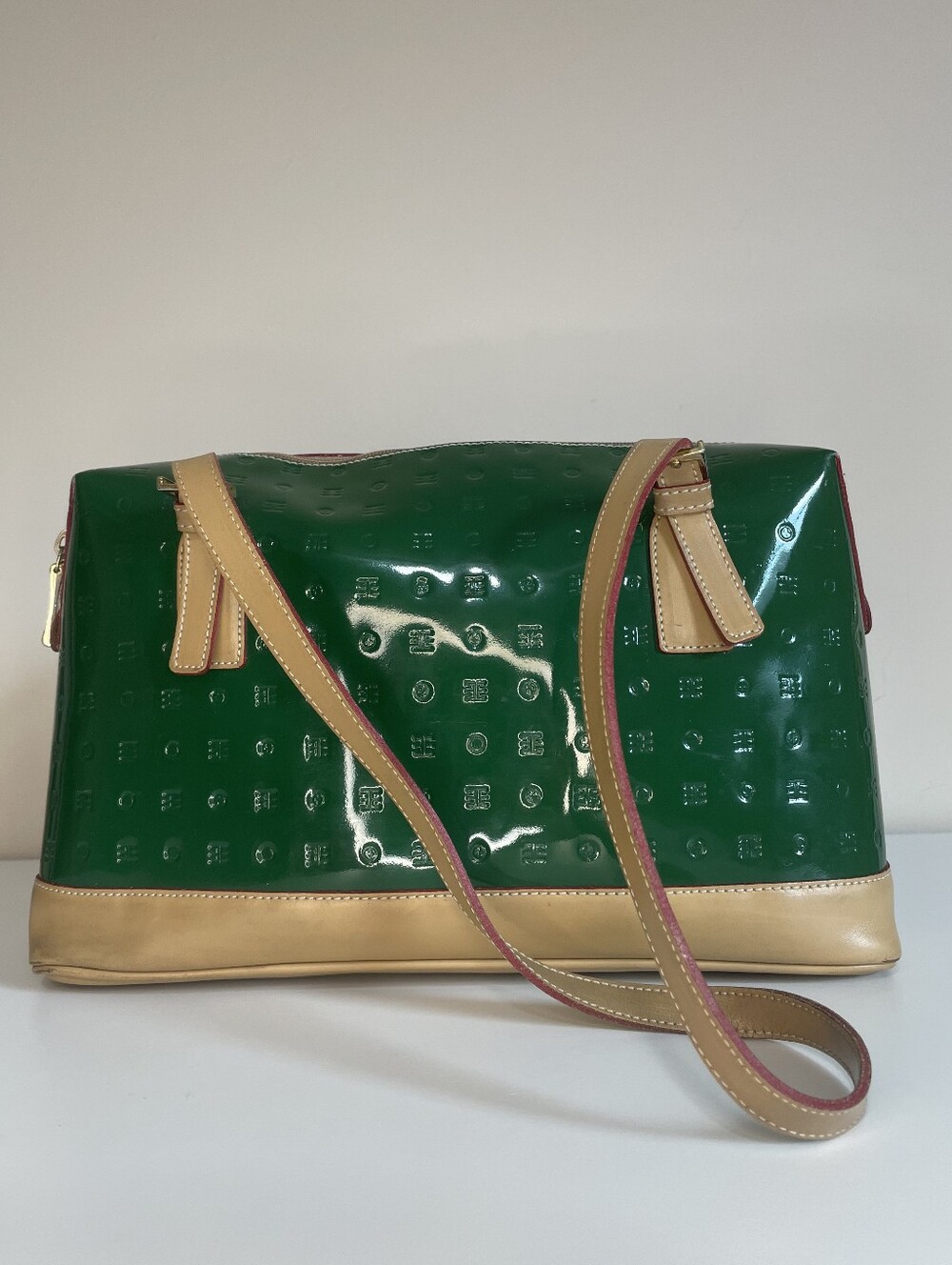 Arcadia Emerald Green Patent Shoulder Bag with Tan Trim